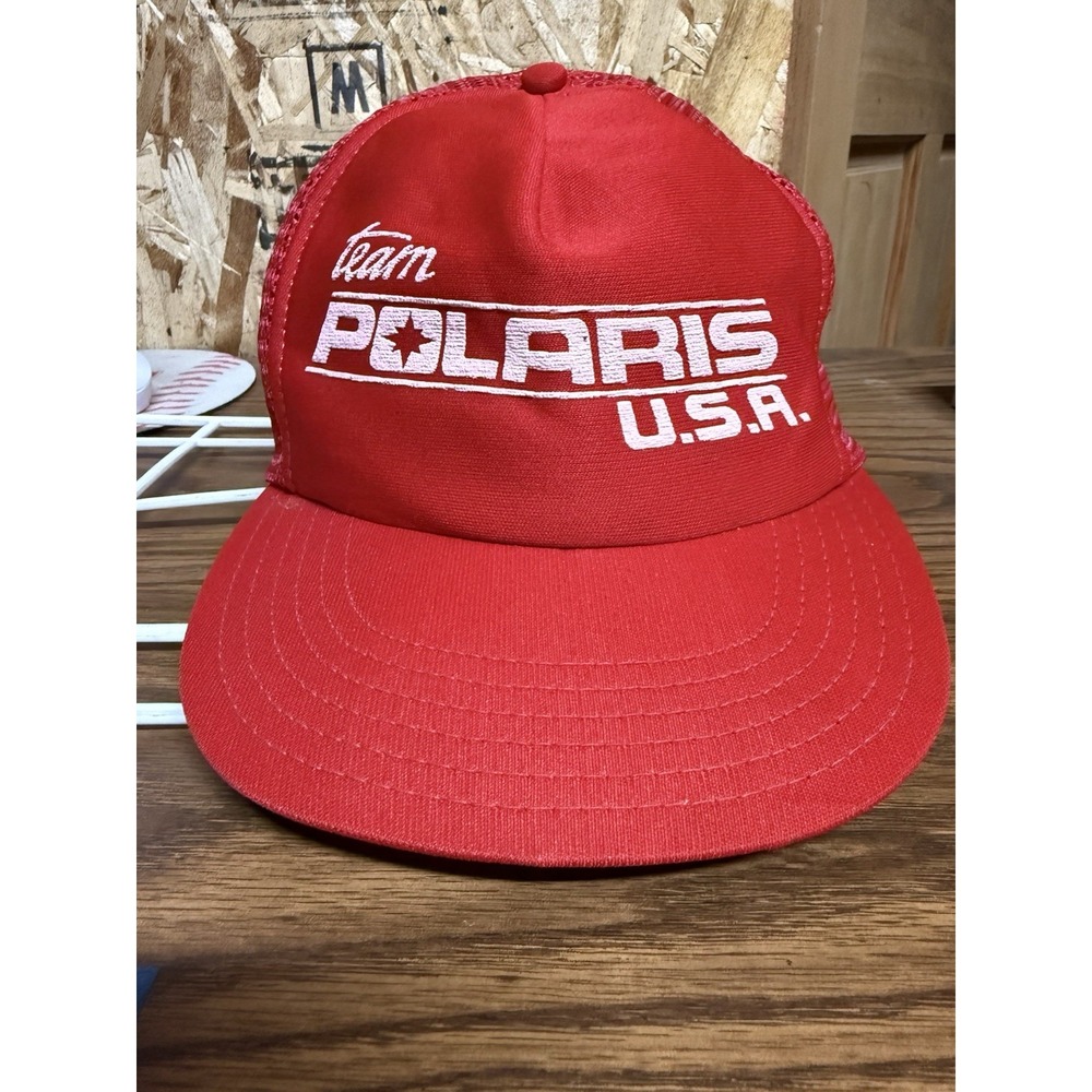 Vintage Team Polaris USA Trucker Hat Red Snapback Snowmobile Made in USA
